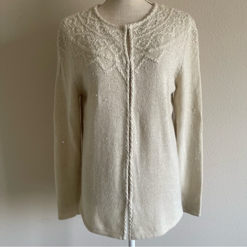FIELD MANOR Silk blend Cream knit Size M women’s Cardigan w/ sequins & beads NWT